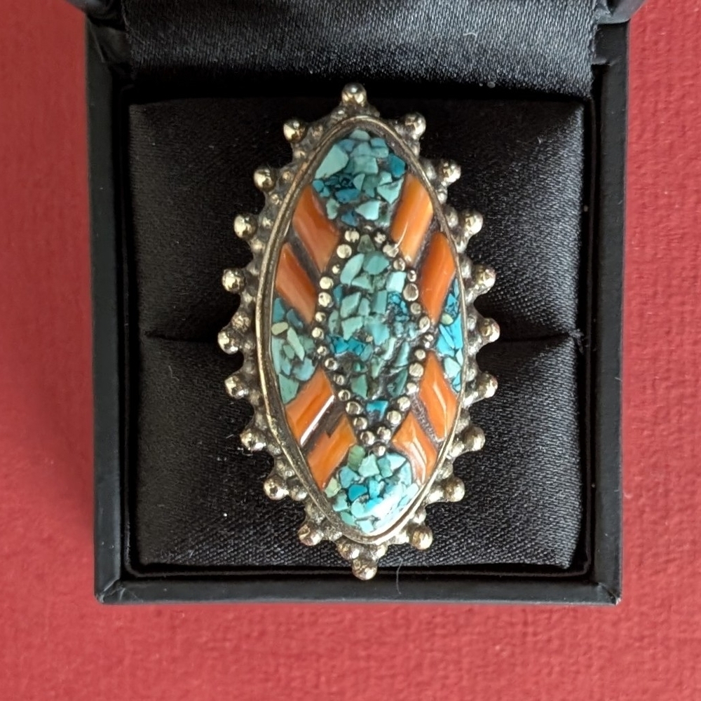 Silver Statement Ring WithTurquoise and Orange Stones